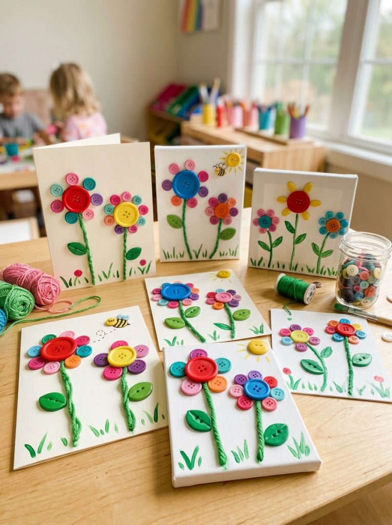 Beautiful button flower garden kids craft with large center buttons smaller petal buttons and yarn stems creating flower garden art 