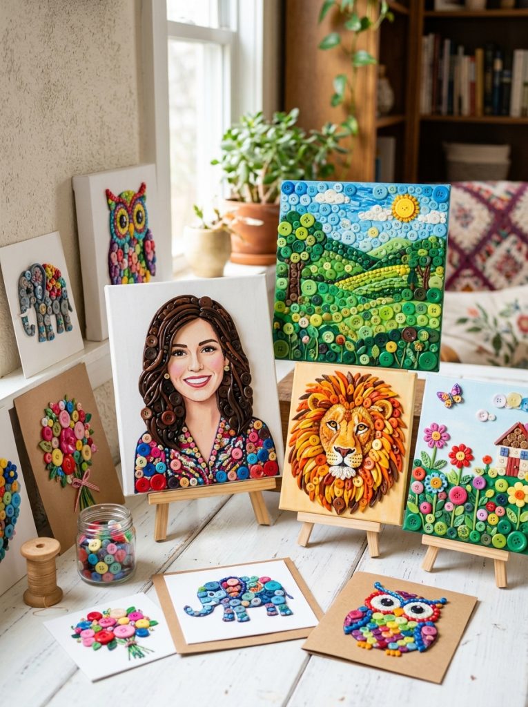 Beautiful button picture art project kids crafts with portraits landscapes animal pictures and scene compositions from colorful buttons