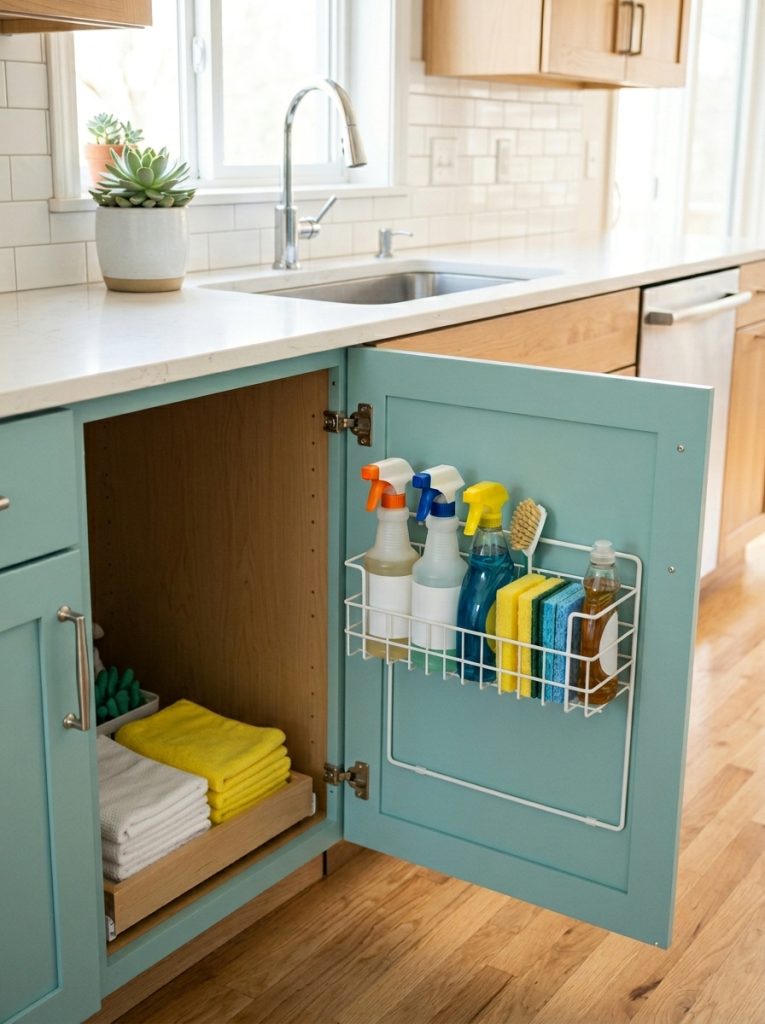  Under sink cabinet door with mounted caddy holding cleaning spray bottles sponges and supplies