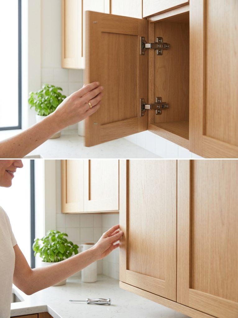 Beautiful soft close cabinet hinges DIY upgrade with quality hinges installed on kitchen doors showing smooth gentle closing mechanism