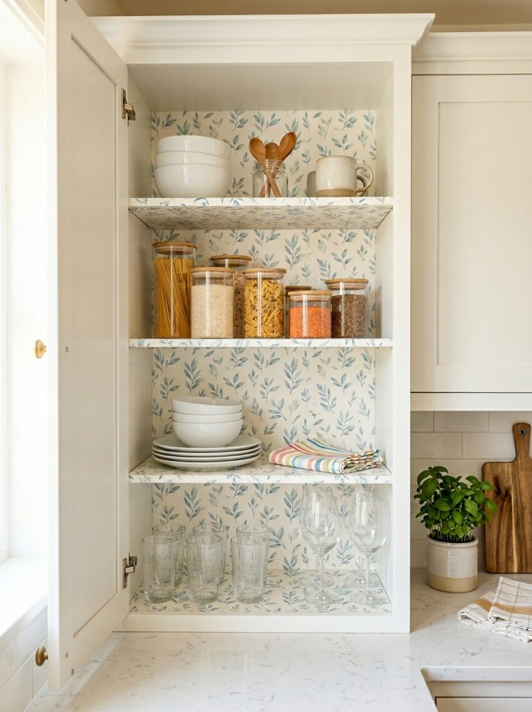 Beautiful cabinet shelf liner installation with coordinating colors patterns in kitchen cabinet interiors looking clean bright professionally organized