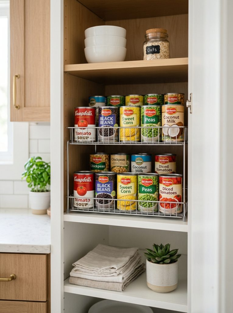 Small apartment kitchen cabinet with compact tiered can organizer making most of limited shelf space