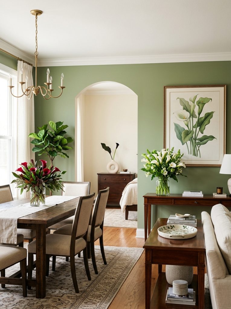  Complete calla lilies room with painting console bouquet red arrangement dining table and black stem dresser styling