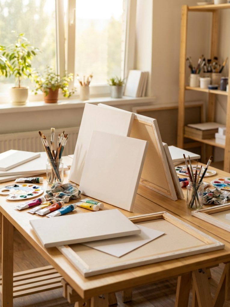 Multiple canvas boards spread on painting studio surface with paints and brushes ready for acrylic painting experiments
