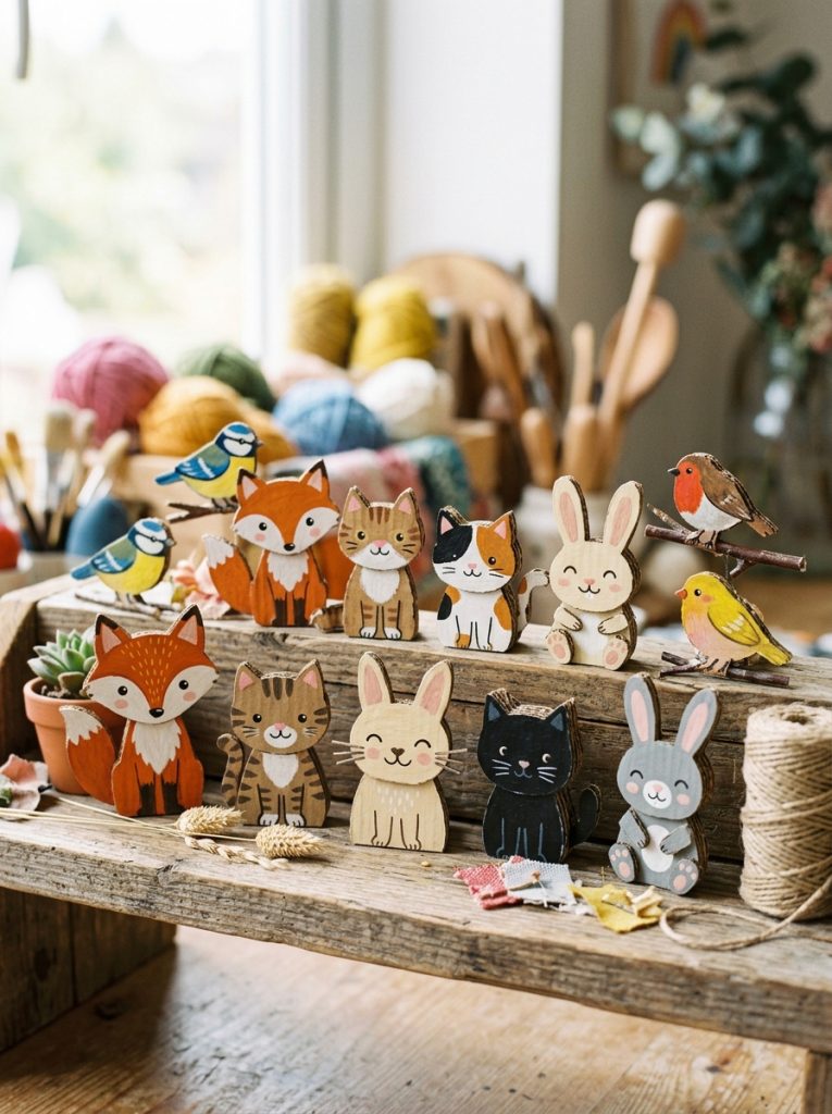 Charming small cardboard animal crafts with tiny cats foxes rabbits and birds assembled and painted with sweet details on display