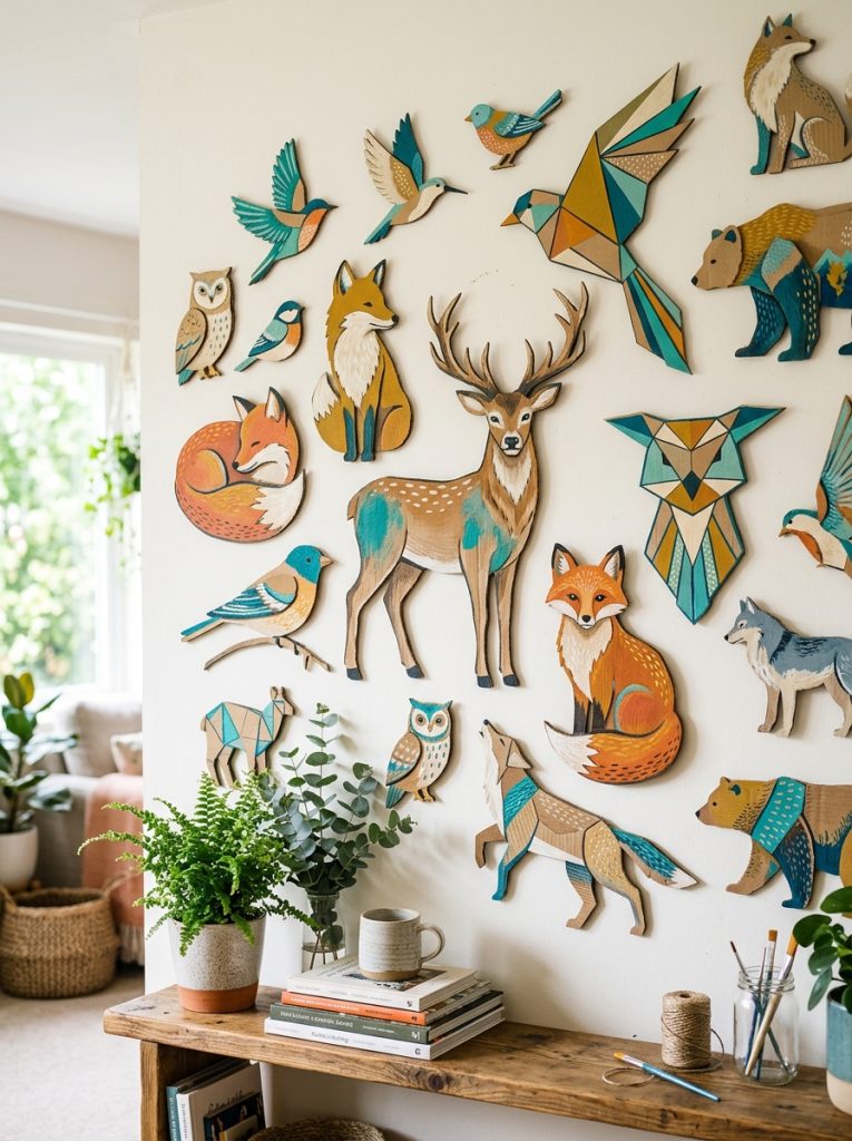 Beautiful cardboard animal craft wall art with deer foxes birds and geometric animals cut painted and finished as wall display