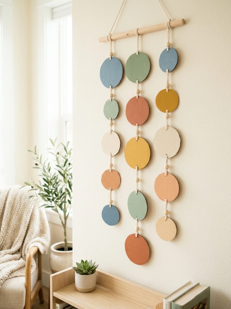 Beautiful cardboard circle wall hanging craft with multiple circles in different sizes painted coordinating colors connected with yarn