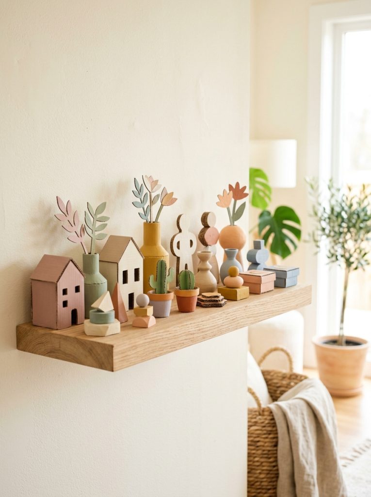 Beautiful small aesthetic cardboard craft decorations in soft pastel and neutral tones assembled as miniature decorative objects for shelf