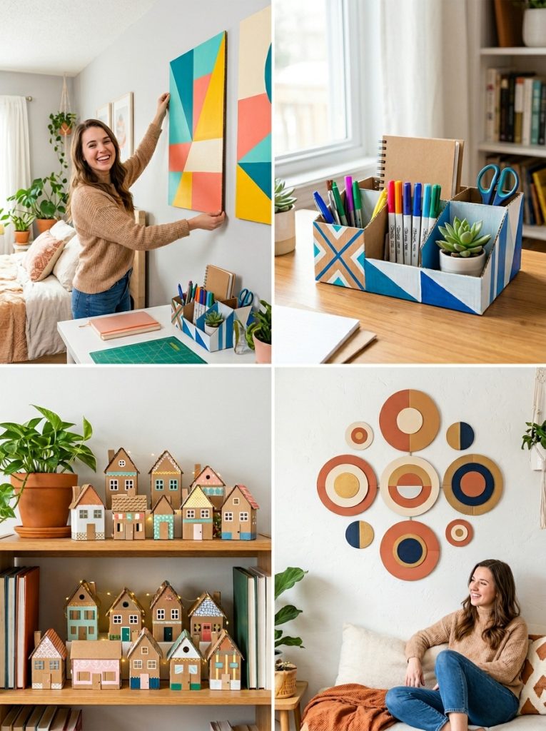 Four cardboard crafts including geometric wall art cardboard organizer mini cardboard houses and aesthetic circle wall hanging