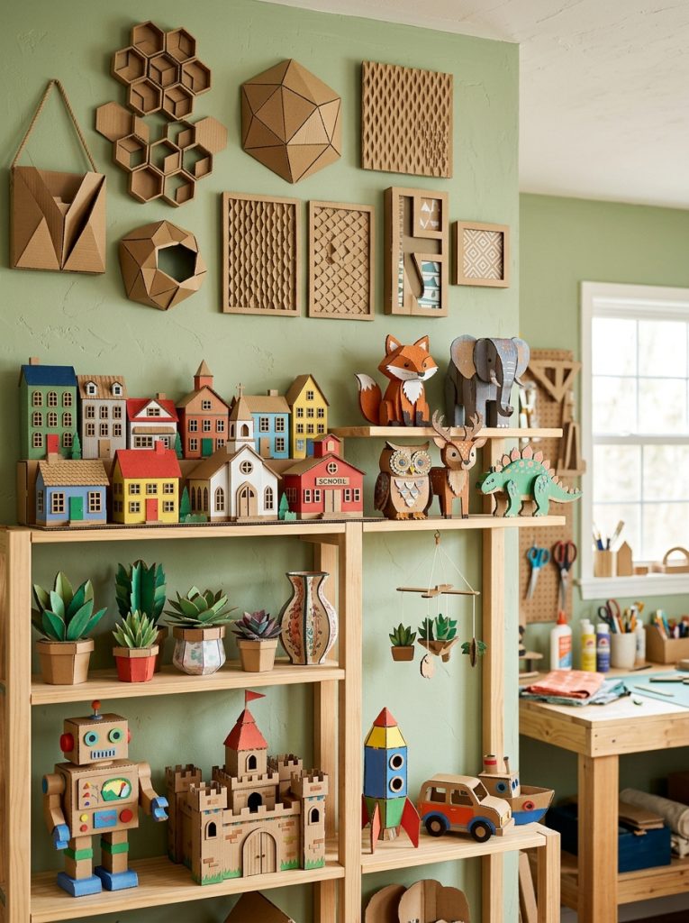 Complete impressive cardboard crafts collection with geometric wall art organizers mini houses small animals and kids creations displayed