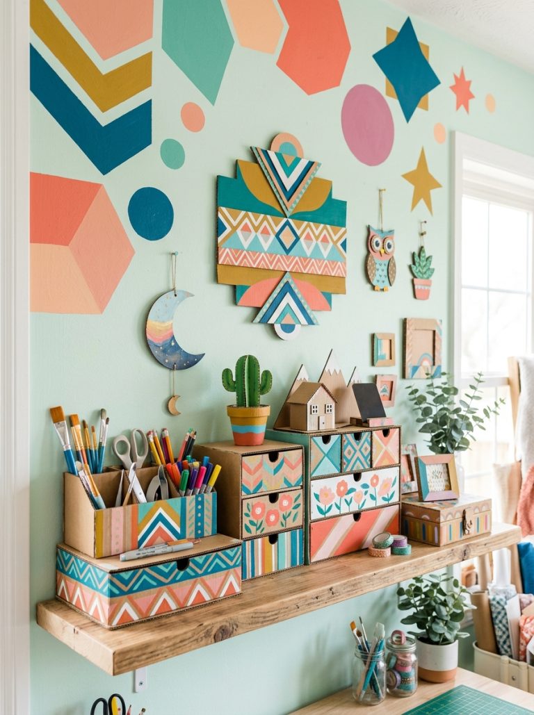 Beautiful cardboard crafts display with painted wall art geometric decorations mini organizers and aesthetic room decor on styled shelf