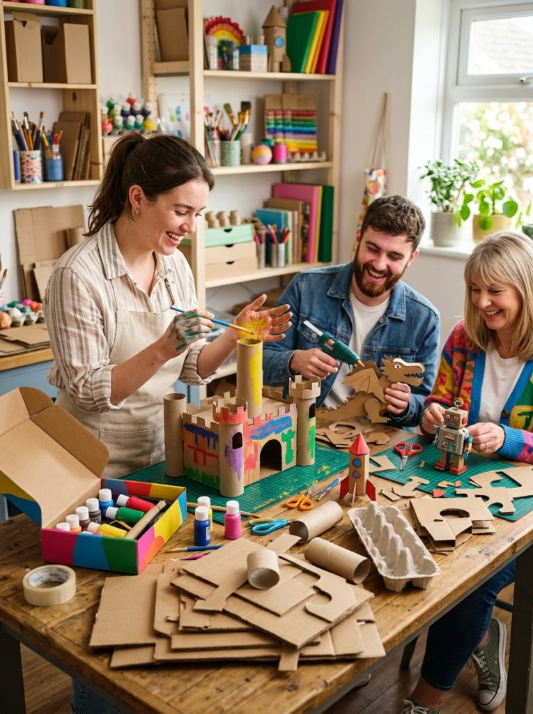 Creative cardboard crafts session with DIY kit supplies and cardboard boxes tubes being transformed into beautiful creations at craft table
