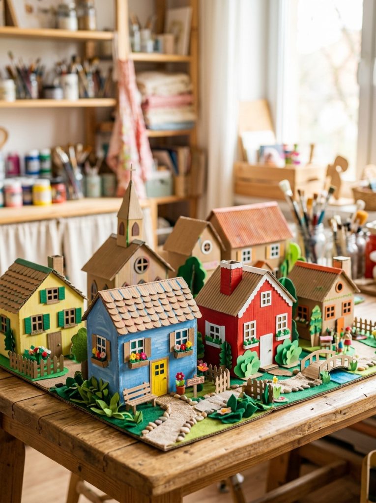 Beautiful cardboard house craft decorations with detailed miniature houses painted windows doors roofs displayed as charming village