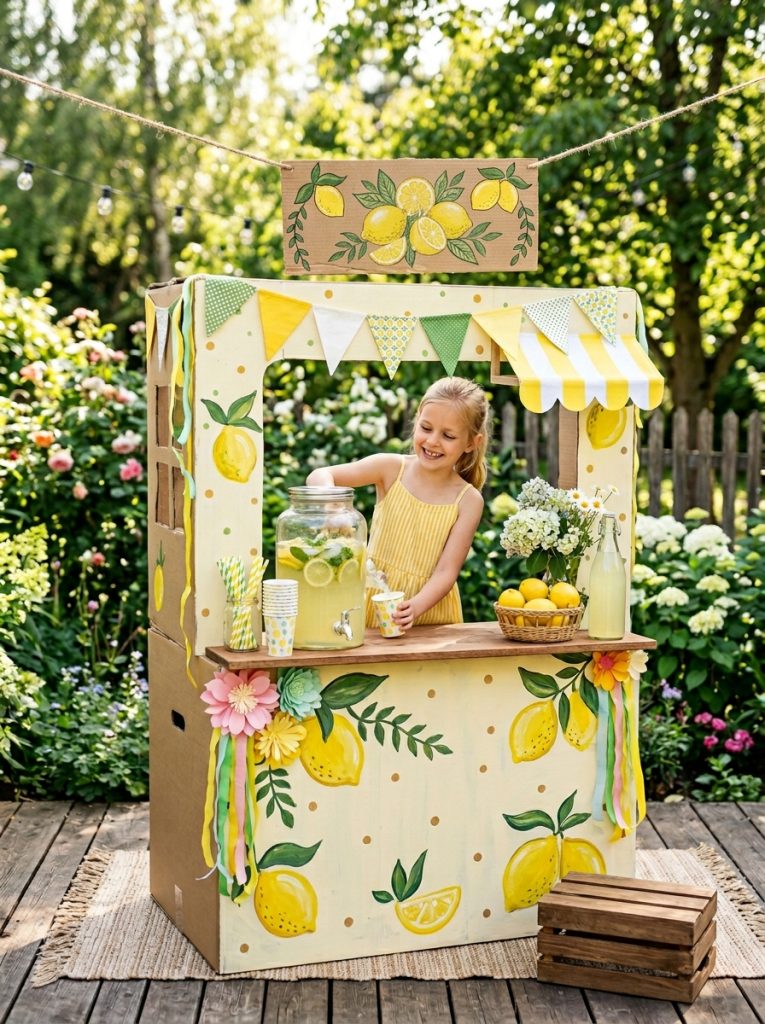 Creative cardboard lemonade stand DIY with painted lemon designs colorful decorations handwritten sign and cheerful summer styling