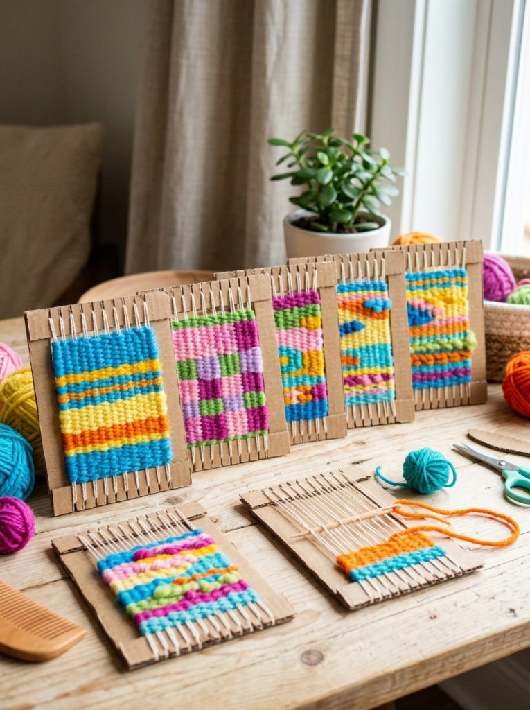 Beautiful cardboard loom weaving yarn crafts with yarn strung warp and colorful weft creating small tapestry weavings in bright colors