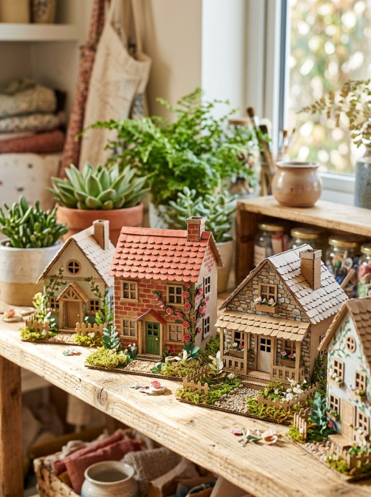 Beautiful small cardboard miniature house crafts with boxes as detailed cottages with brick patterns tile roofs tiny windows and gardens