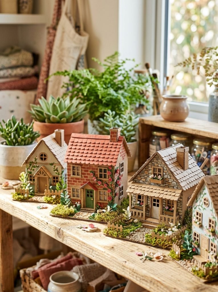 Beautiful small cardboard miniature house crafts with boxes as detailed cottages with brick patterns tile roofs tiny windows and gardens