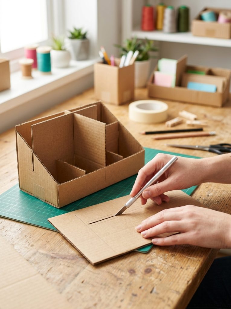 DIY cardboard organizer being cut with craft knife creating precise slots and dividers for beautiful customized multi-compartment organizer