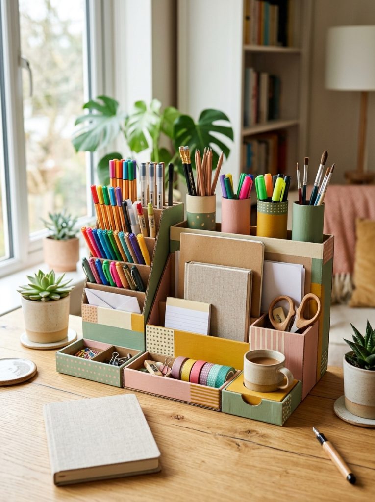 Beautiful DIY cardboard organizer storage with boxes and tubes as coordinating desk organizer holding pens pencils and small items