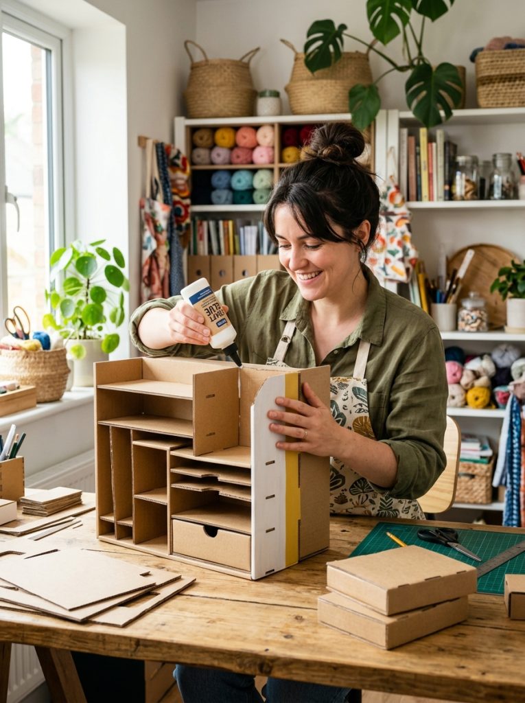 DIY cardboard storage system being assembled with craft glue joining multiple boxes and sections into beautiful multi-unit storage