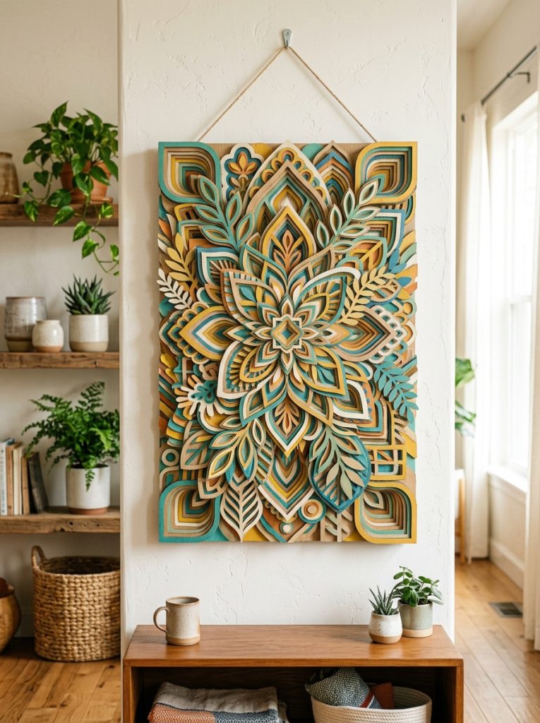 Beautiful creative cardboard decoration wall art hanging with intricate layered cardboard layers creating three-dimensional display