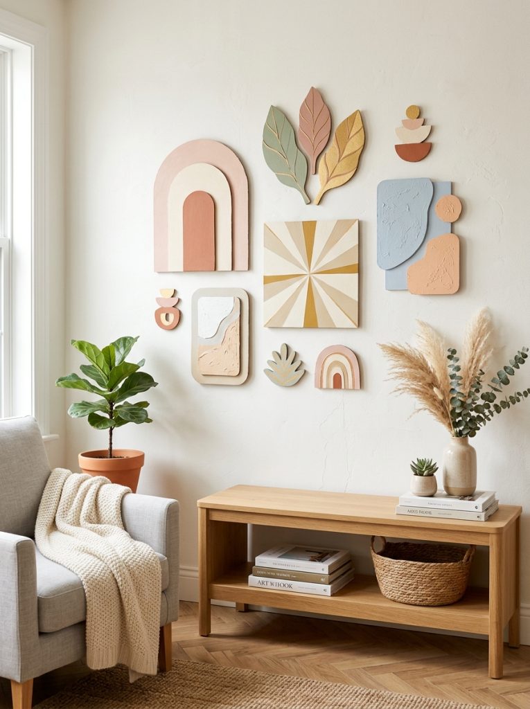 Beautiful aesthetic cardboard wall art in soft pastel and neutral tones arranged as curated room wall display