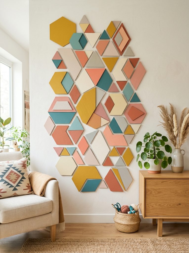 Beautiful DIY cardboard wall art with geometric hexagon triangle and diamond shapes painted in coordinating colors as gallery wall