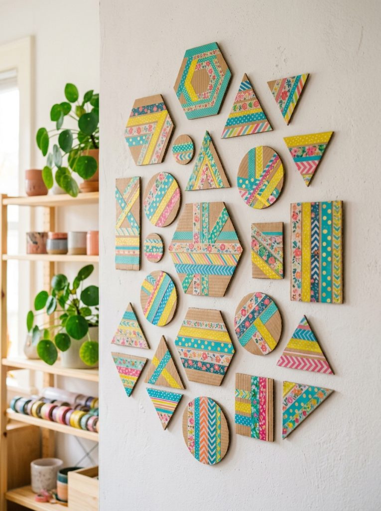 Beautiful cardboard wall decor crafts covered in colorful patterned washi tape creating geometric decorative wall art panels