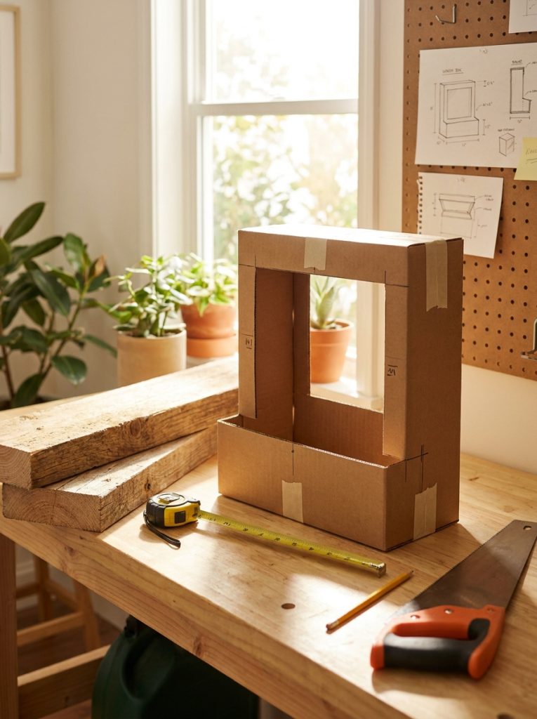 DIY cardboard window box prototype on workbench beside wood boards used as sizing template