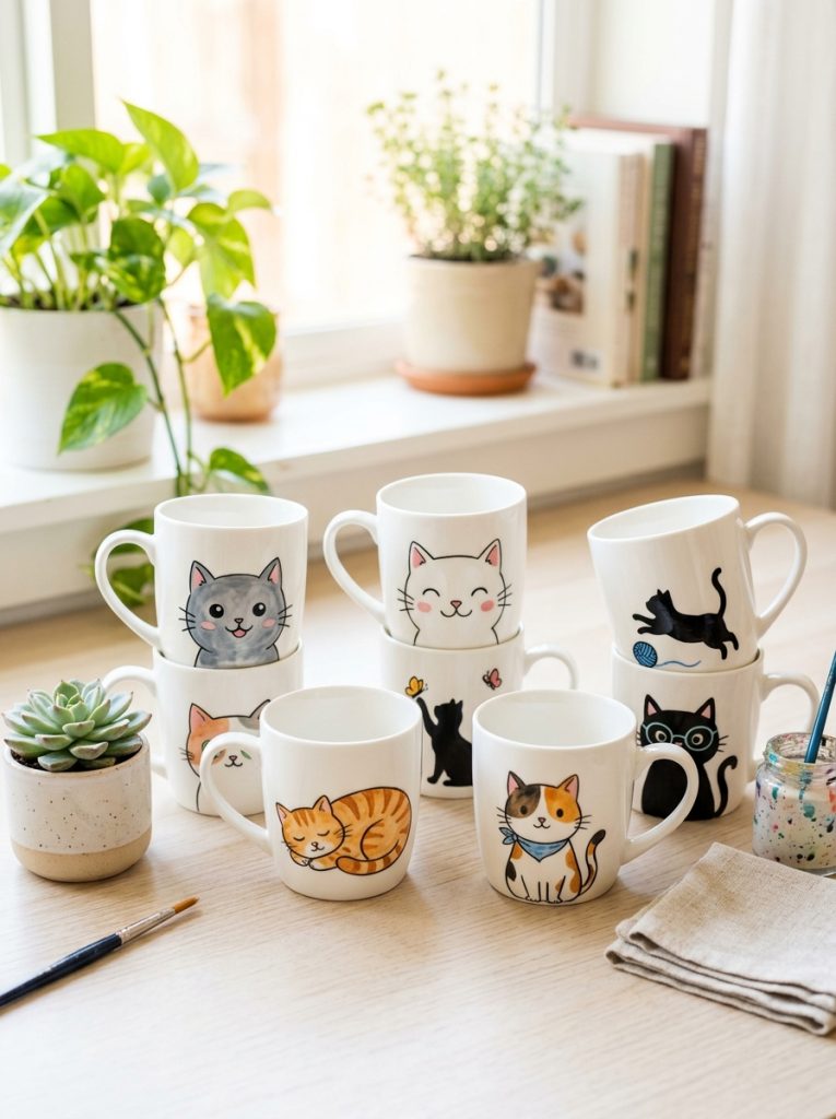 Adorable cat mug painting ideas with kawaii faces sleeping designs playful silhouettes and character paintings on white ceramic mugs