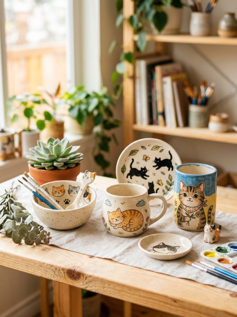 Adorable cat pottery painting with kawaii faces sleeping designs playful silhouettes and sweet characters on bowls plates cups vases 