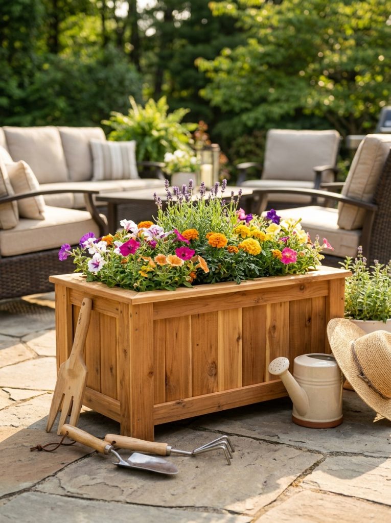 Classic DIY cedar planter box with natural wood finish filled with flowering plants on patio
