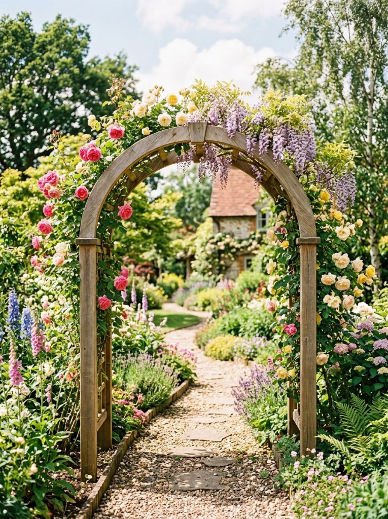 Beautiful cedar wood trellis arch in garden forming stunning garden entrance with climbing roses and wisteria covering natural cedar 