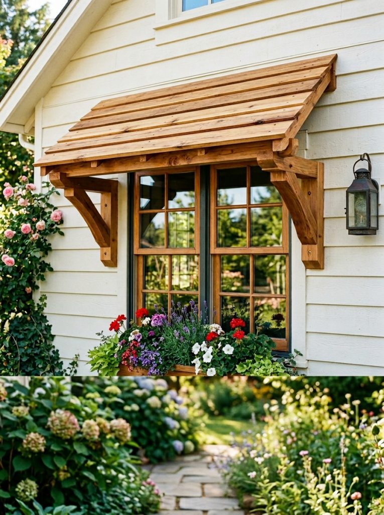 Beautiful cedar wood window awning DIY with natural grain finish and cedar bracket supports above cottage farmhouse style window