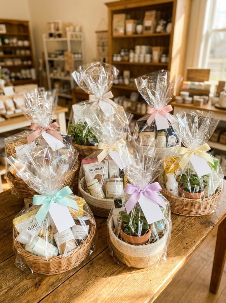 Beautiful cellophane wrapped gift baskets with ribbon bows and gift tags creating professional impressive gift basket presentation