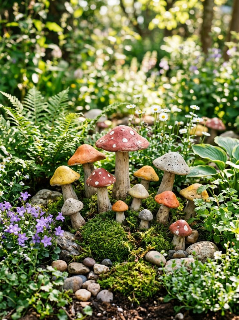 Beautiful cement mushroom cluster garden decor with multiple sizes arranged naturally among plants moss and rocks as magical permanent decor