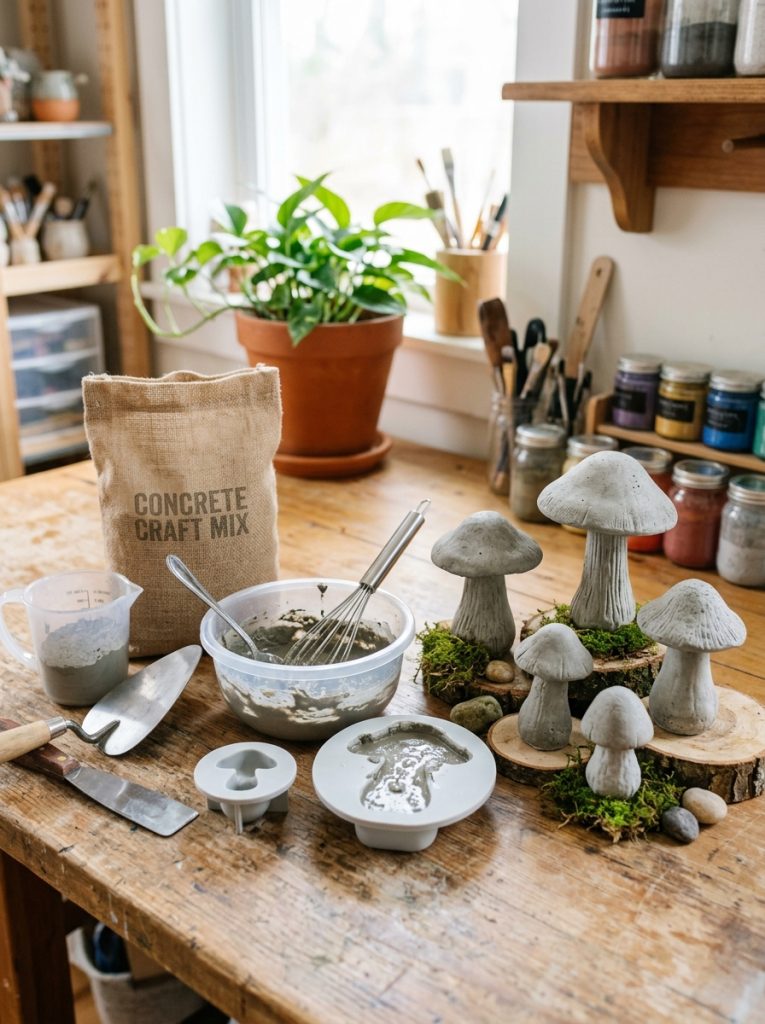 Cement mushroom DIY supplies with concrete mix mushroom molds mixing tools and finished natural grey mushrooms arranged on craft surface