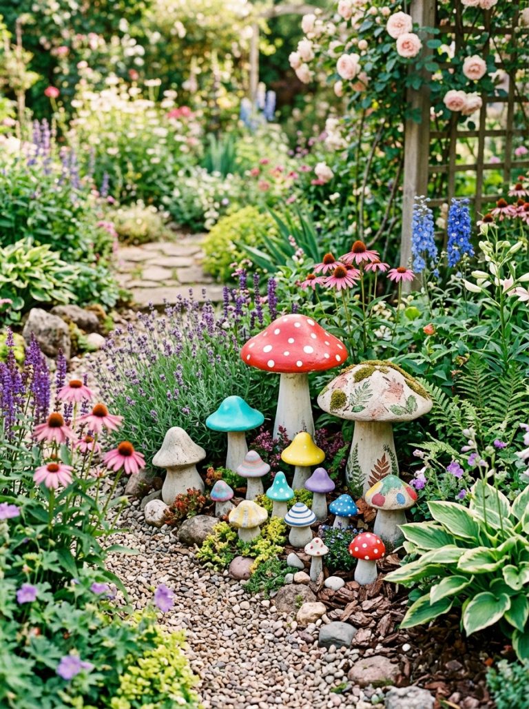 Beautiful cement mushrooms DIY display with large garden mushrooms small fairy mushrooms painted colorful and natural concrete finish among garden plants