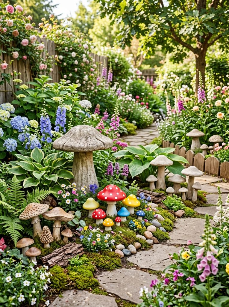 Complete cement mushrooms DIY collection with large statement colorful painted cluster fairy garden detailed and natural finish in different garden areas