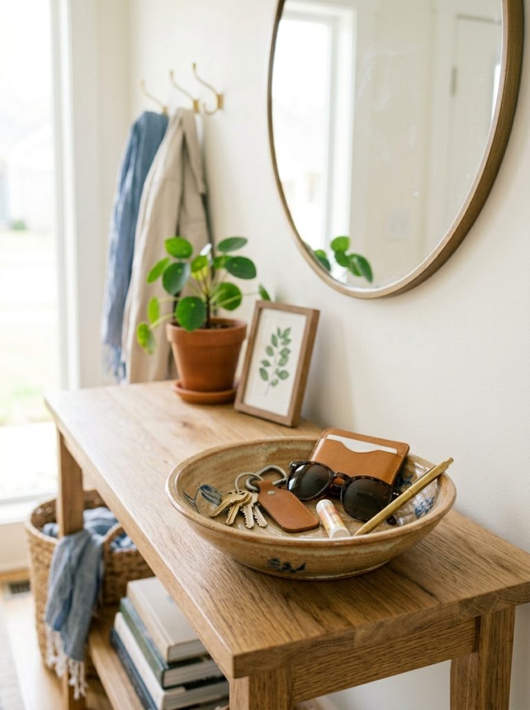 Beautiful ceramic decorative bowl on entryway console table holding keys sunglasses and everyday carry items