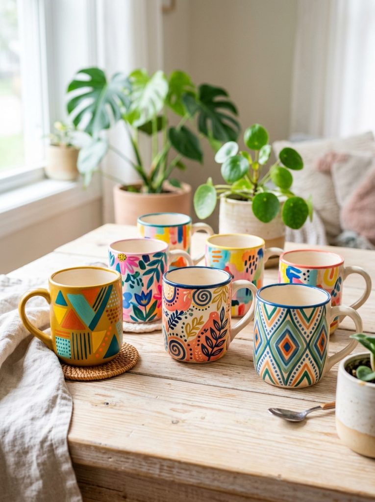  Beautiful acrylic painted ceramic mugs with vibrant geometric abstract and decorative patterns in bold colors on bright surface 