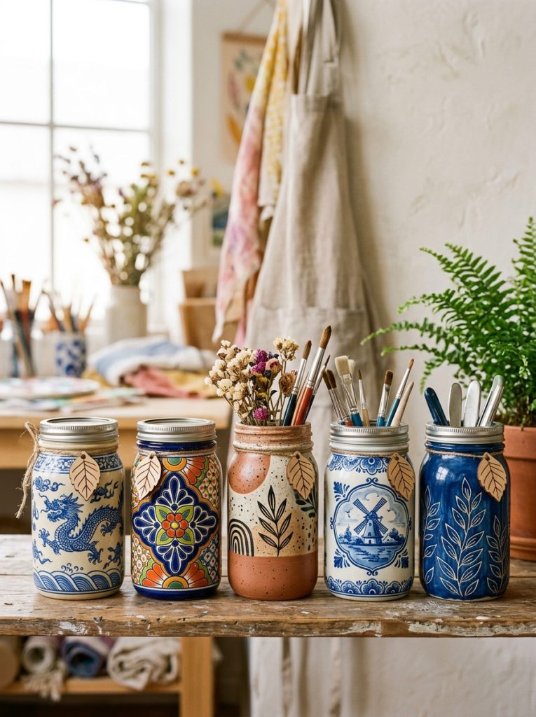 Beautiful ceramic style mason jar painting with blue and white Chinese patterns Spanish Talavera designs and modern pottery aesthetics