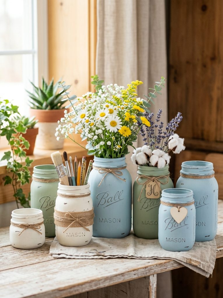 Beautiful chalk paint mason jar painting with matte finish farmhouse colors cream white sage green and soft blue rustic decorations 
