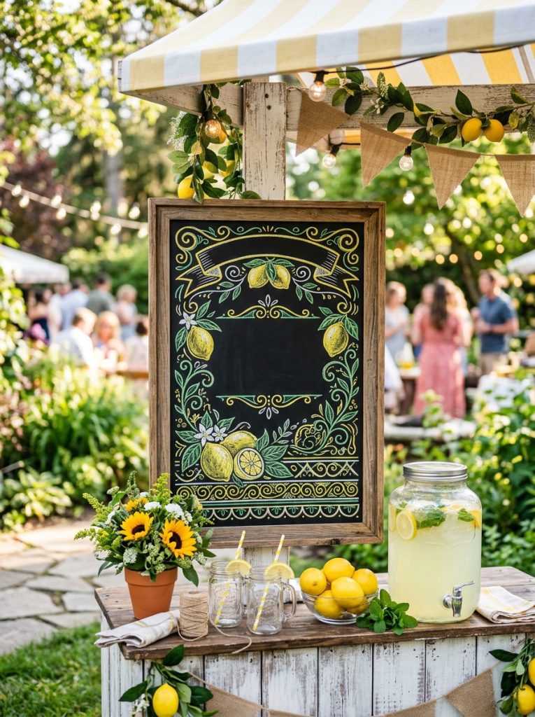 Beautiful chalkboard sign lemonade stand DIY with professionally decorated chalkboard showing pricing menu chalk lettering and lemon artwork