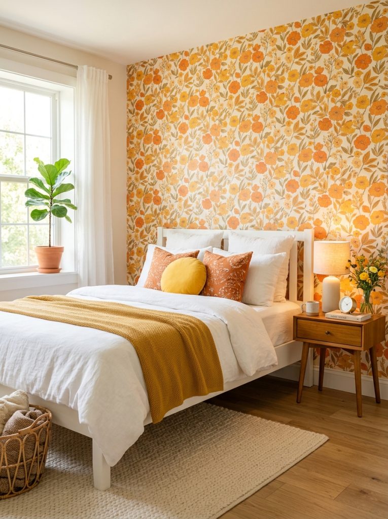  Beautiful cheerful bedroom with warm floral wallpaper white bed frame yellow white bedding wooden nightstand lamp