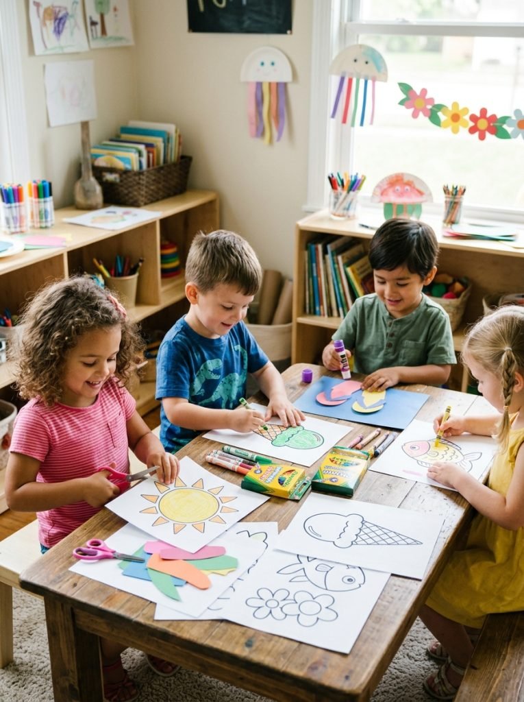 Preschool children coloring printable summer craft templates before cutting and assembling into finished summer creations
