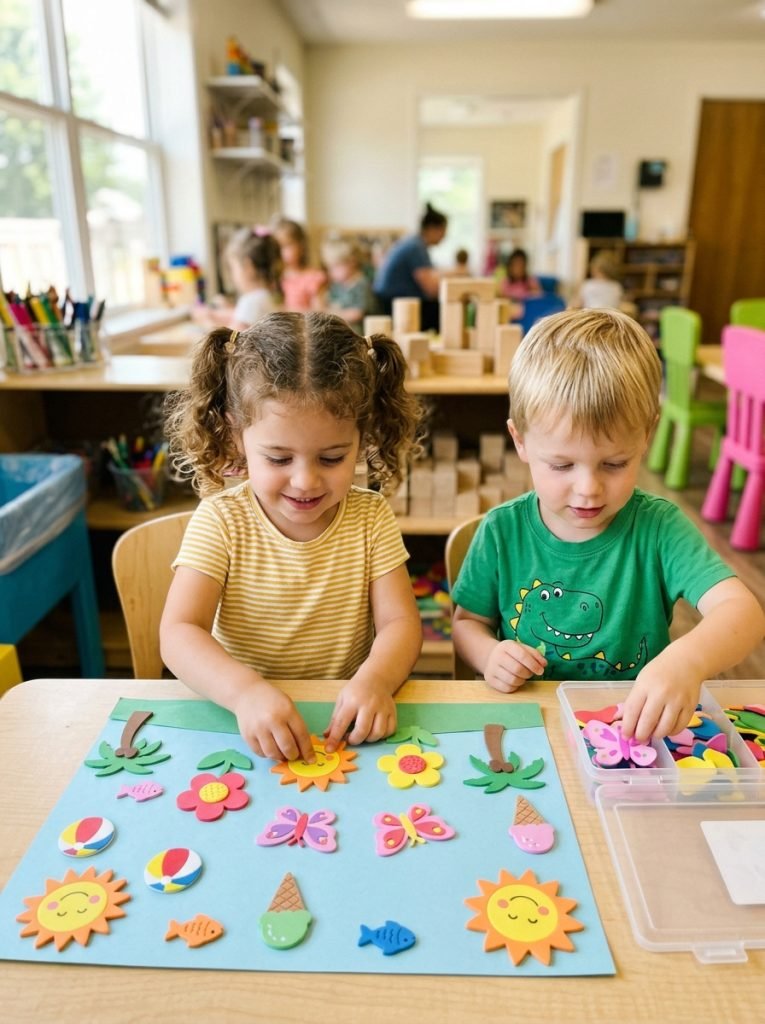 Preschool children pressing colorful foam summer stickers onto paper building summer scenes with suns flowers and butterflies