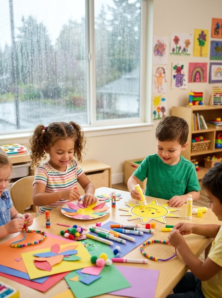 Preschool children doing indoor summer crafts happily at indoor table with rain outside creating sunshine and color indoors