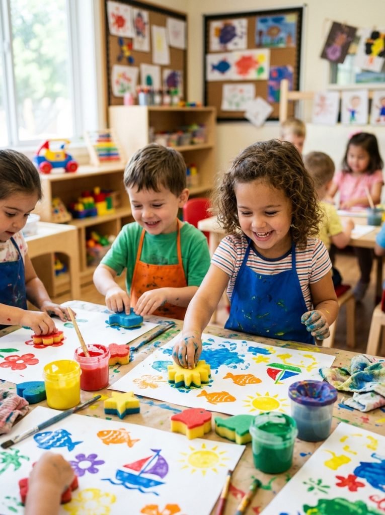 Preschool children pressing summer-shaped sponge stampers into bright paint creating colorful summer prints on paper