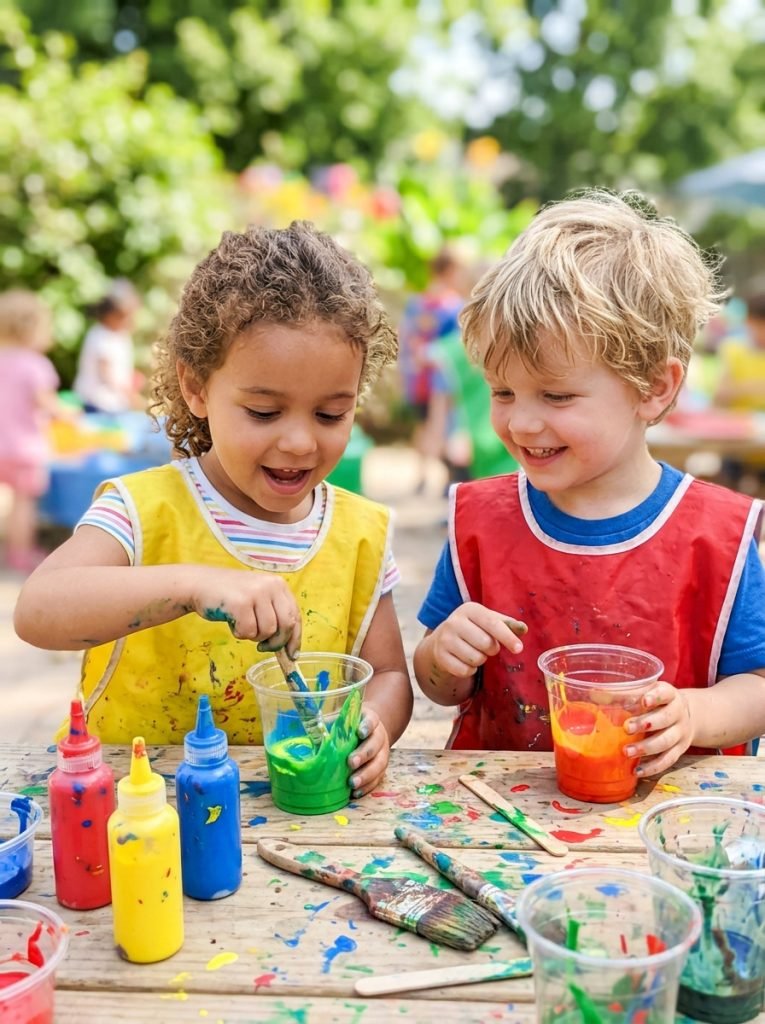 Preschool children doing paint mixing summer science crafts discovering new colors with expressions of wonder as primary colors combine